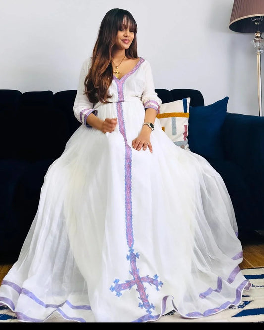 Vibrant Colorful Elegant Habesha Kemis: Contemporary Habesha Dress in Lively Purple Design