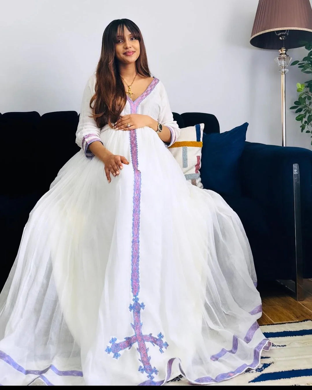 Vibrant Colorful Elegant Habesha Kemis: Contemporary Habesha Dress in Lively Purple Design