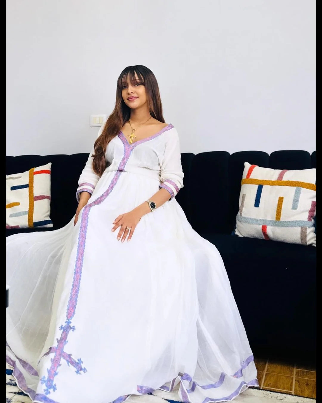 Vibrant Colorful Elegant Habesha Kemis: Contemporary Habesha Dress in Lively Purple Design