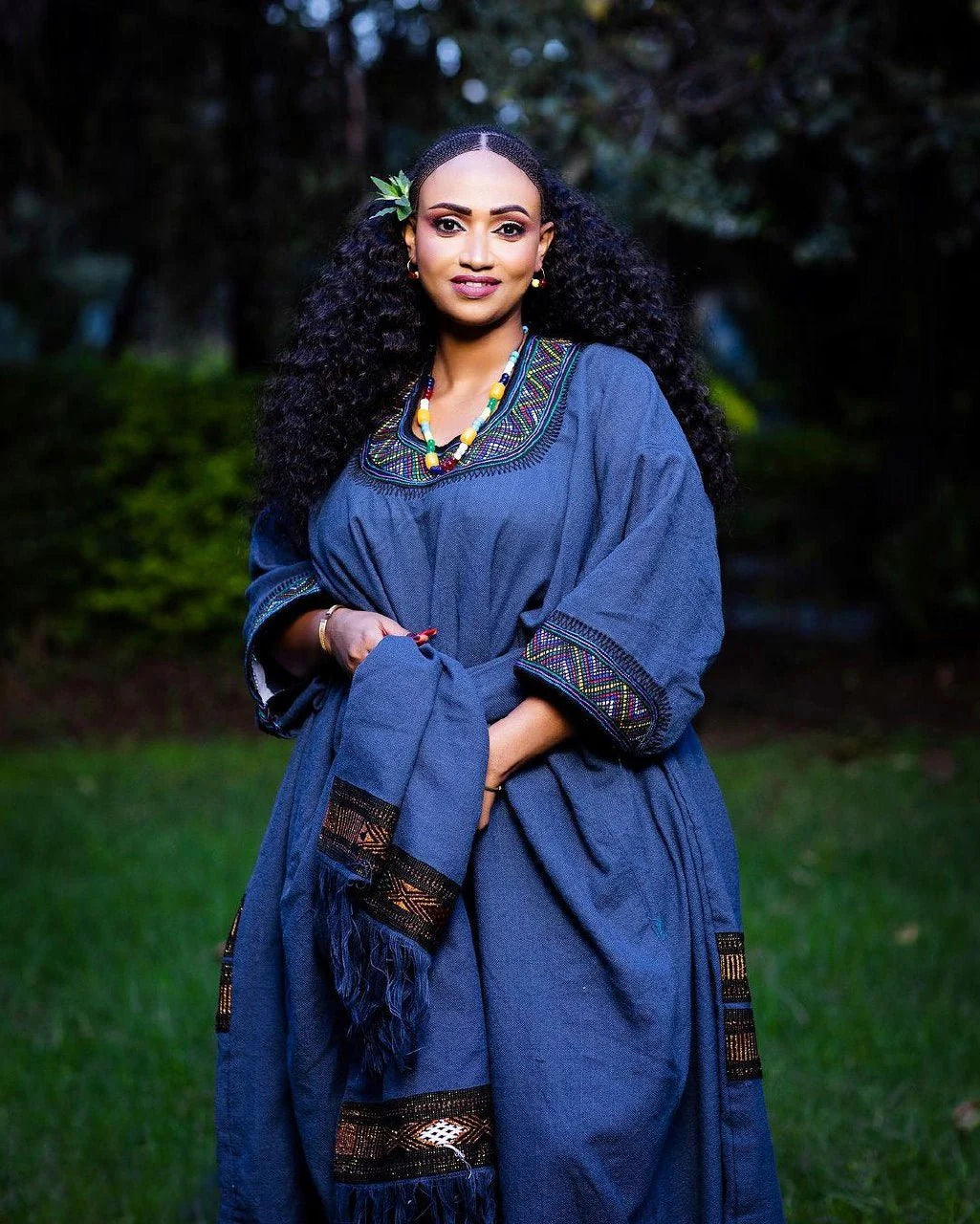 Beautiful Blue Raya Dress, a traditional Habesha garment that showcases rich cultural heritage