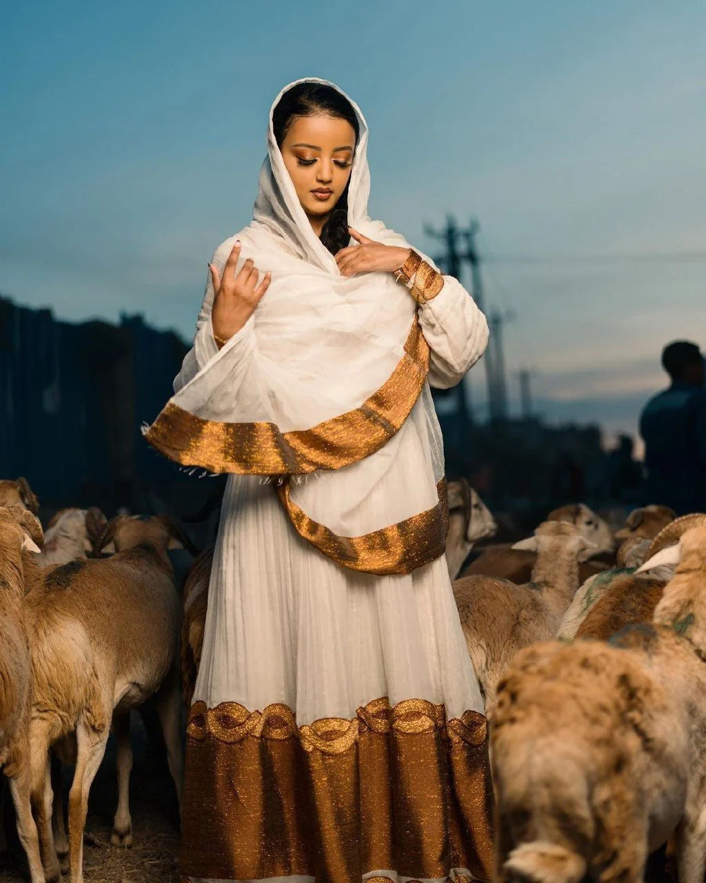 Golden Brown Shimena Elegance: A stunning Habesha dress in Menen fabric with a Tilf chain design