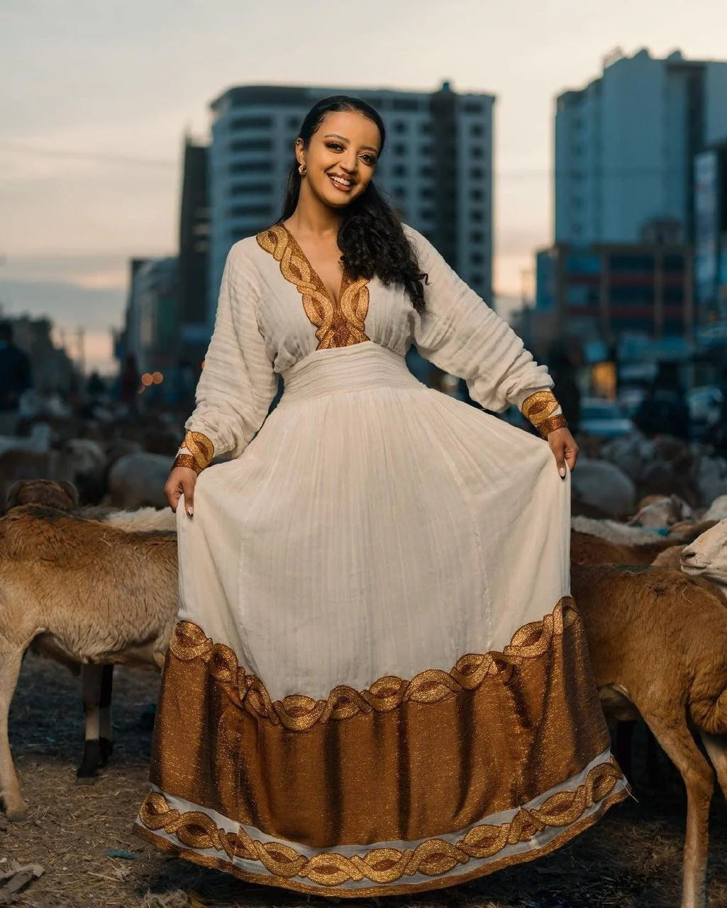 Golden Brown Shimena Elegance: A stunning Habesha dress in Menen fabric with a Tilf chain design