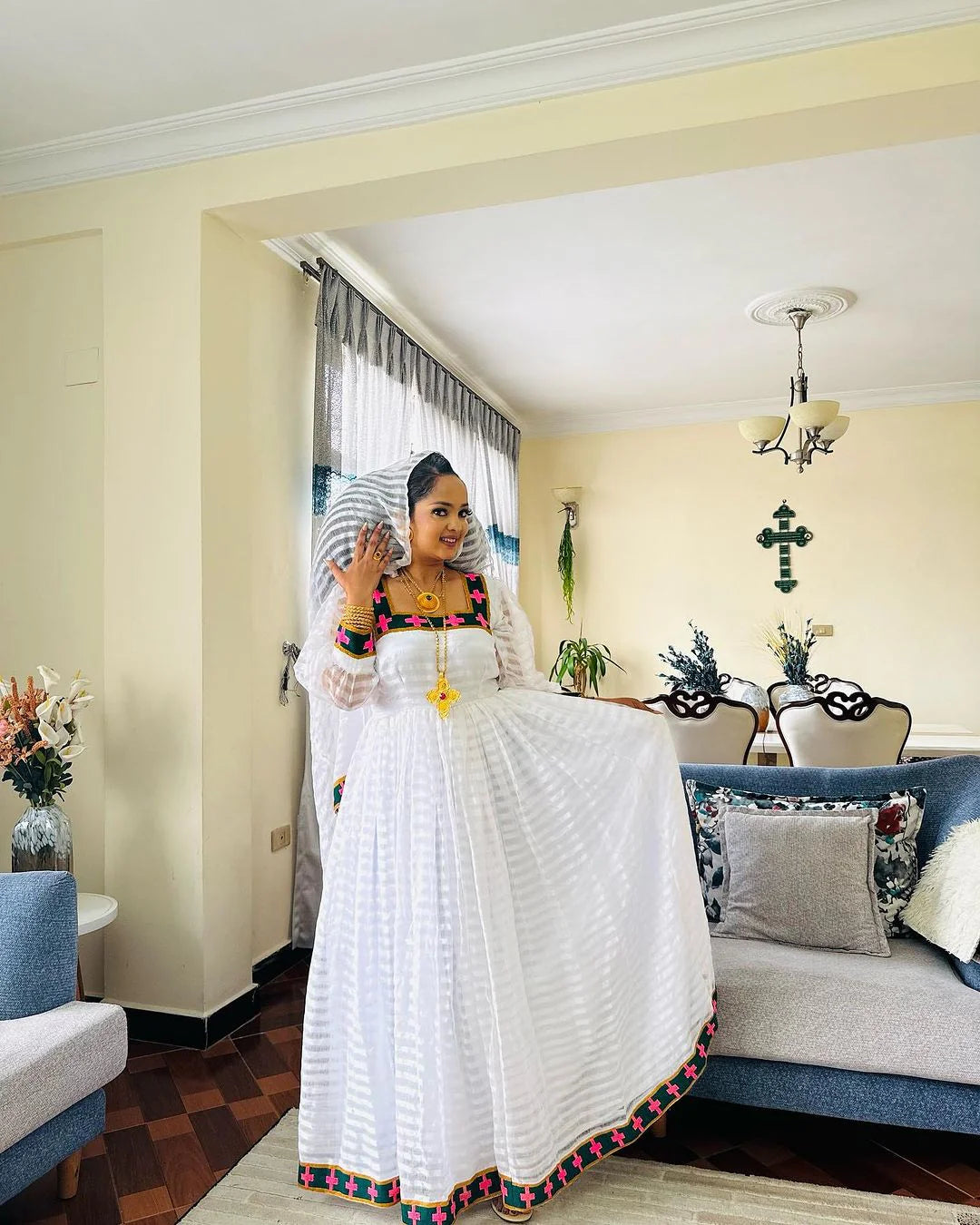 Stylish Habesha Dress with Dark and Rose cross pattern