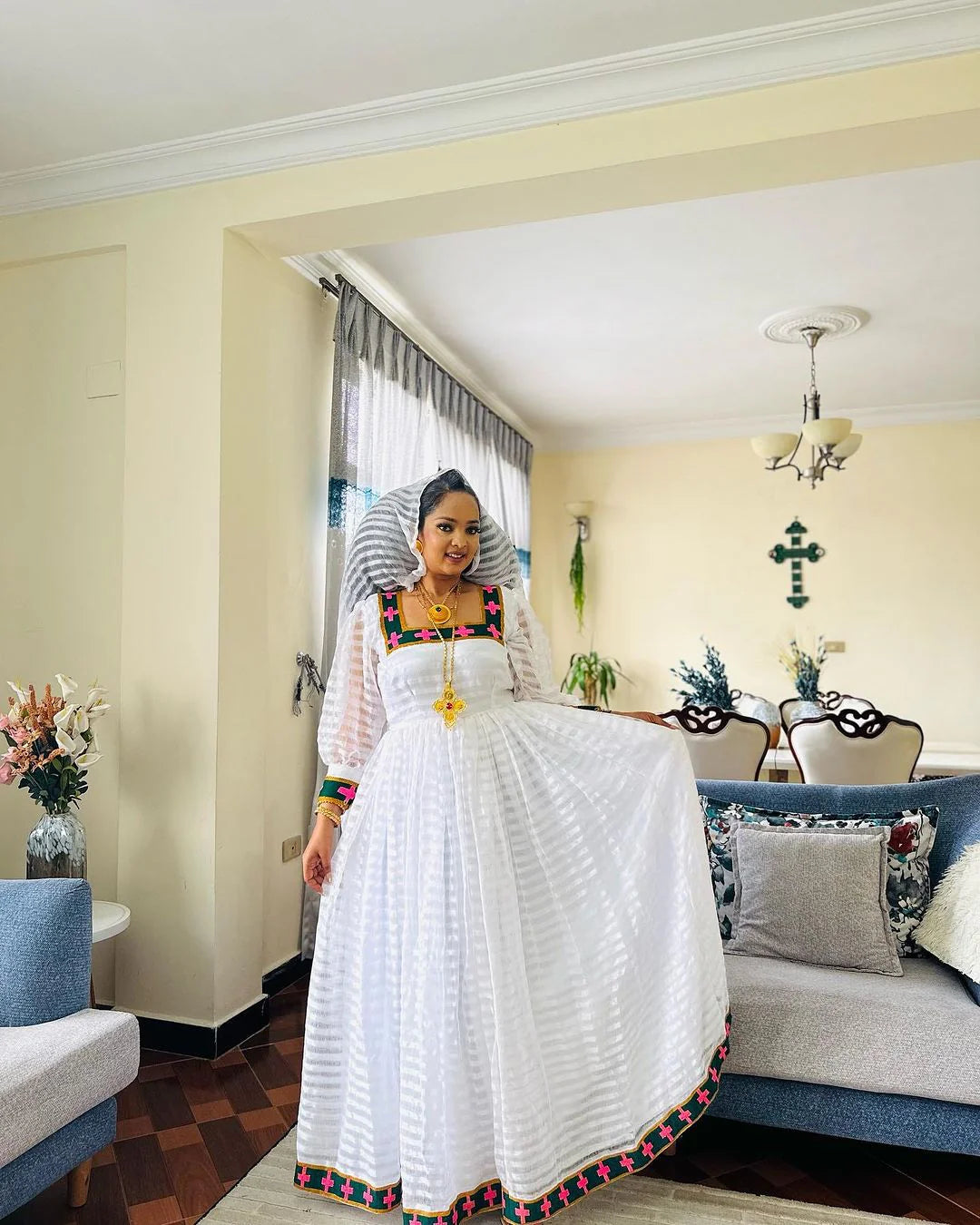 Stylish Habesha Dress with Dark and Rose cross pattern