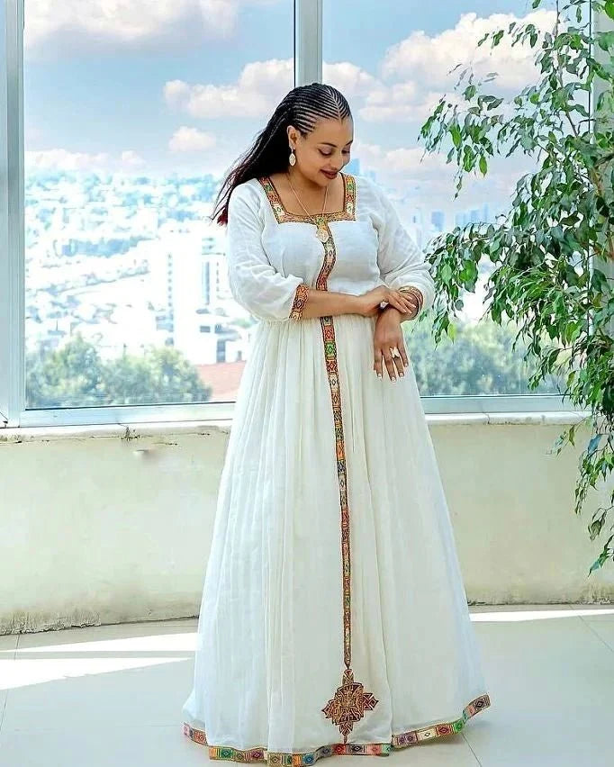 Contemporary Handwoven Habesha Dress in Menen Fabric