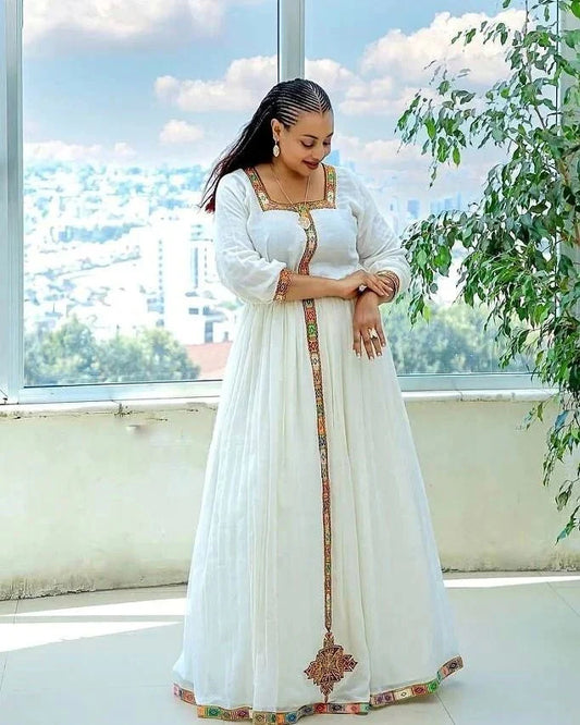 Contemporary Handwoven Habesha Dress in Menen Fabric