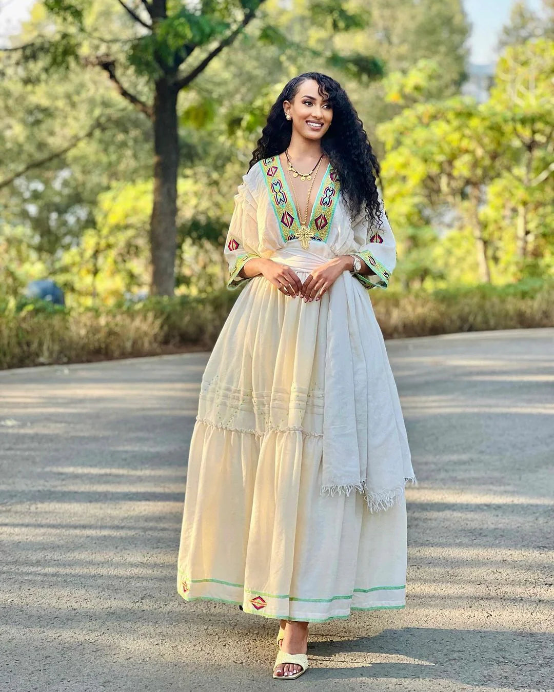 Radiant Sophistication: Lemon Green Cotton Habesha Kemis, a Modern Gem of Habesha Elegance