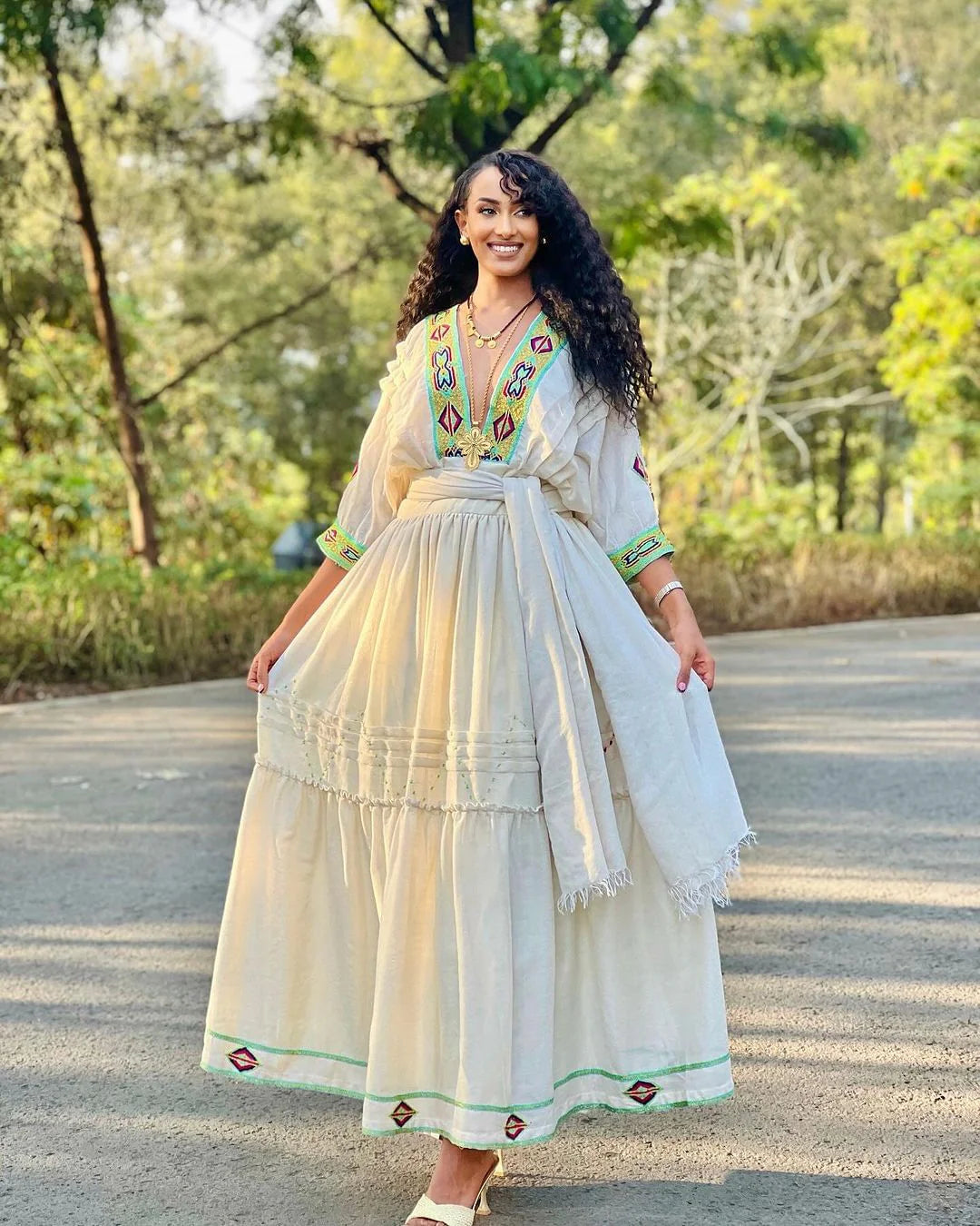 Radiant Sophistication: Lemon Green Cotton Habesha Kemis, a Modern Gem of Habesha Elegance