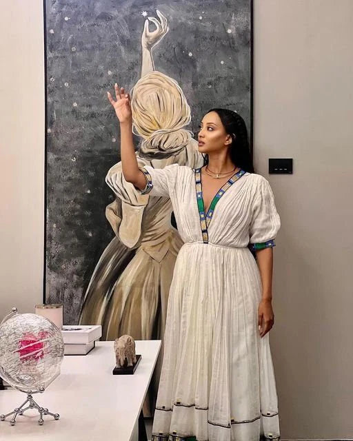 Elegant Habesha Dress Handcrafted Shimena and Menen Fabric with Stunning Tilf Embroidery