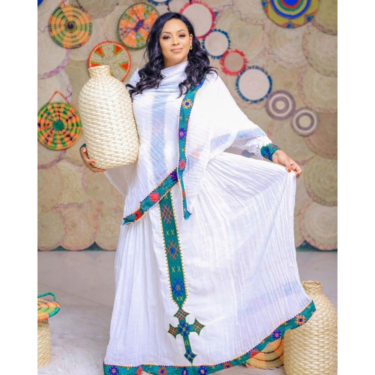 Gorgeous Tilf Habesha Kemis with Shimena hem in luxurious Menen fabric, epitomizing Habesha elegance