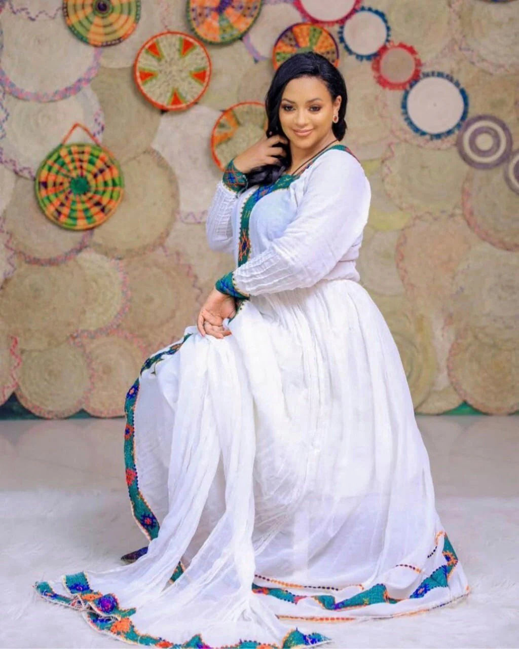 Gorgeous Tilf Habesha Kemis with Shimena hem in luxurious Menen fabric, epitomizing Habesha elegance
