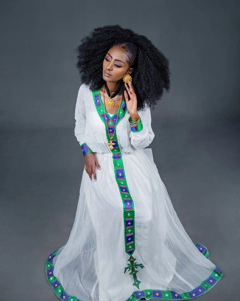 Elegant Habesha Kemis with Tilet hem and beautiful Tilf design, embodying Habesha style