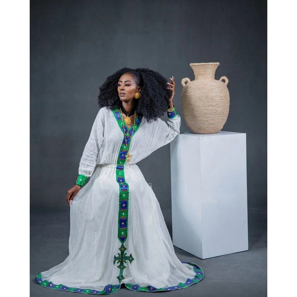 Elegant Habesha Kemis with Tilet hem and beautiful Tilf design, embodying Habesha style