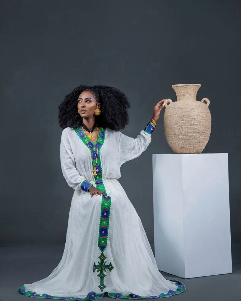 Elegant Habesha Kemis with Tilet hem and beautiful Tilf design, embodying Habesha style