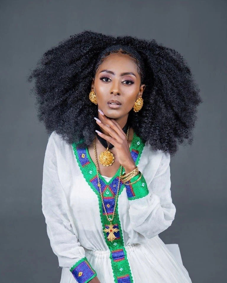 Elegant Habesha Kemis with Tilet hem and beautiful Tilf design, embodying Habesha style