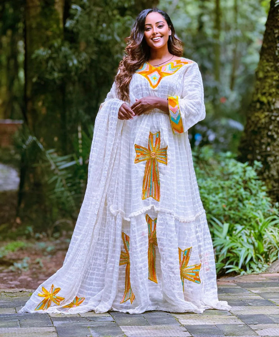 Orange and Multicolored Habesha Dress: A Radiant Elegance of Habesha Kemis