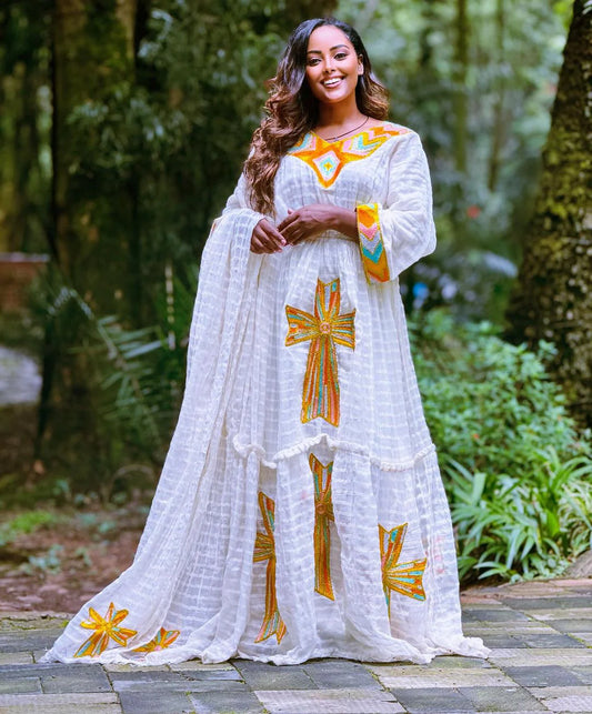 Orange and Multicolored Habesha Dress: A Radiant Elegance of Habesha Kemis