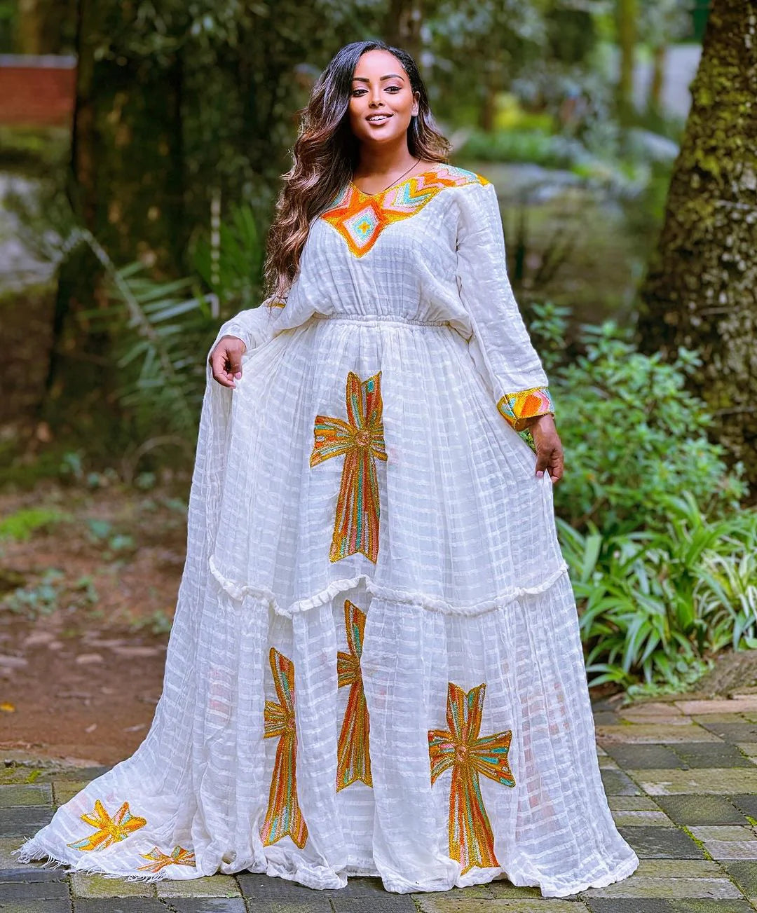 Orange and Multicolored Habesha Dress: A Radiant Elegance of Habesha Kemis