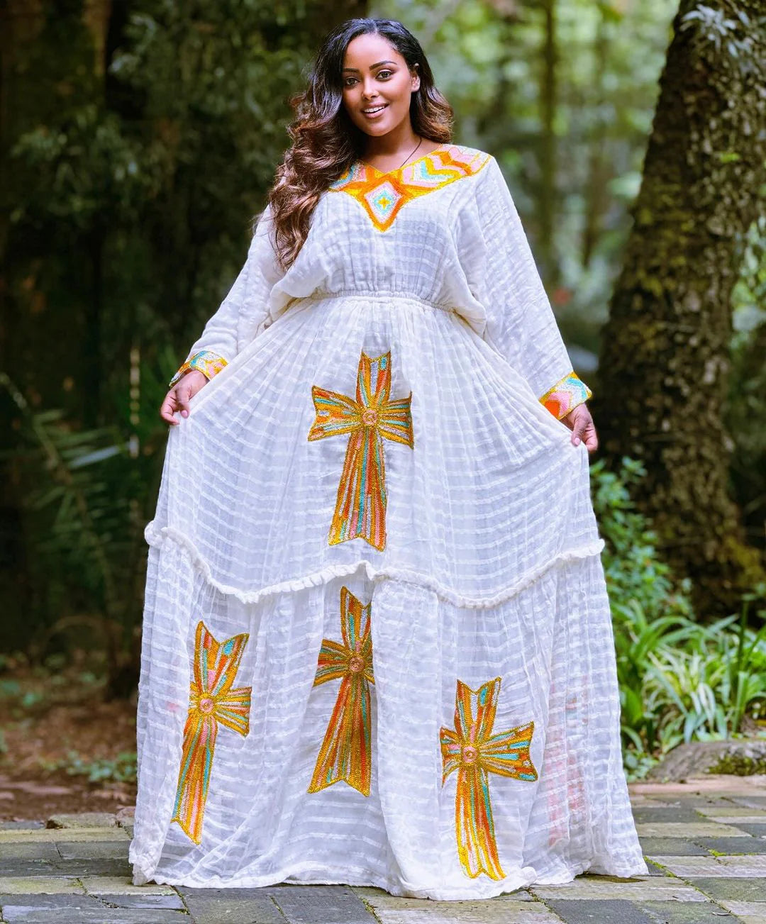 Orange and Multicolored Habesha Dress: A Radiant Elegance of Habesha Kemis