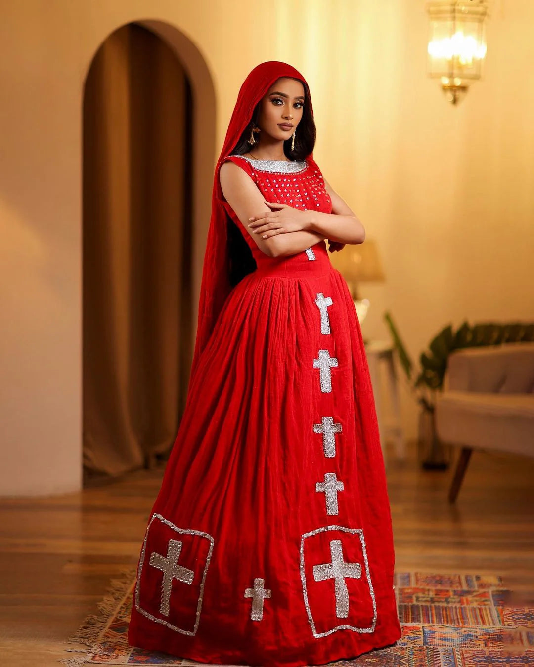 Shiny Red Modern Habesha Dress Silver Cross Beaded Traditional Attire