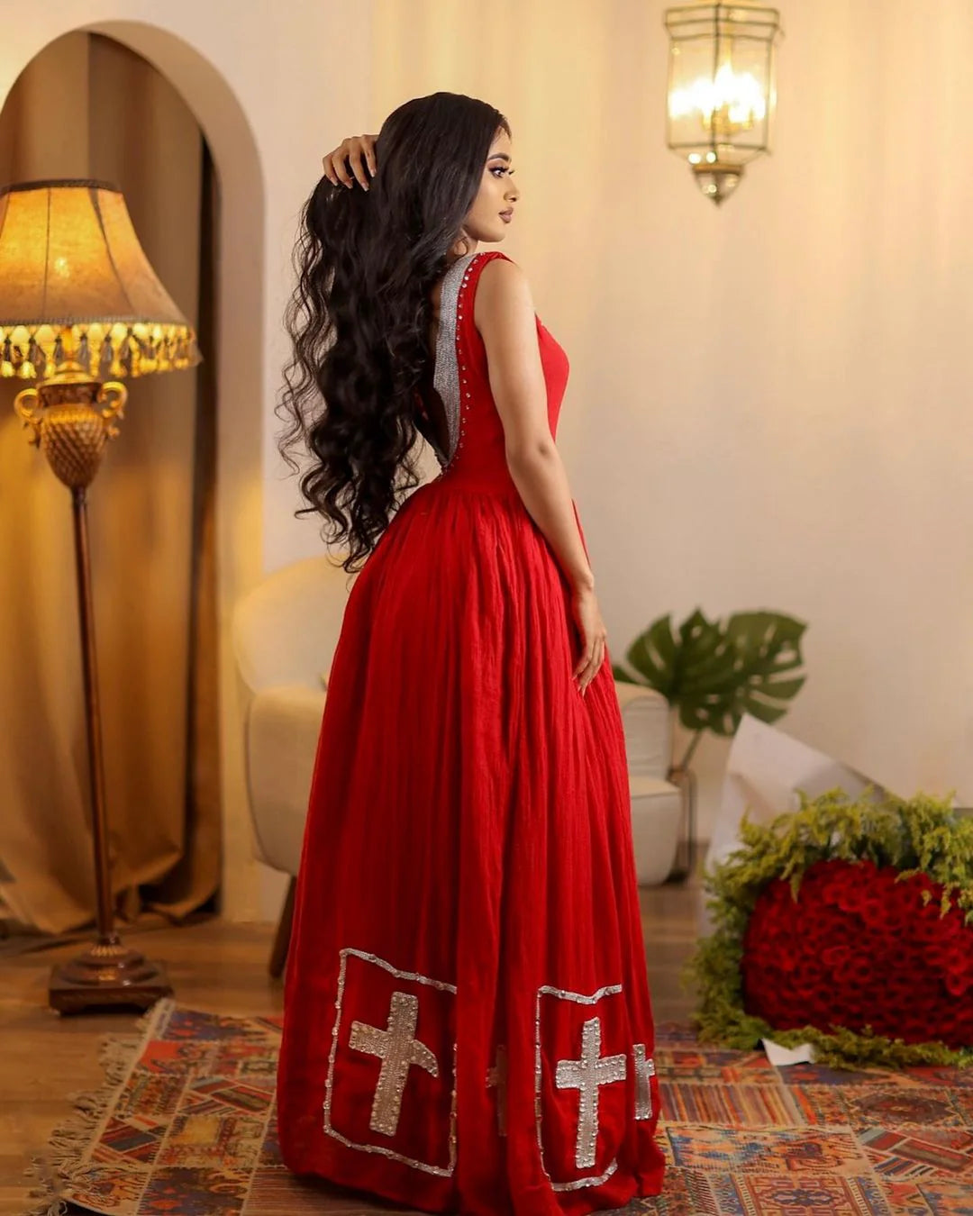 Shiny Red Modern Habesha Dress Silver Cross Beaded Traditional Attire