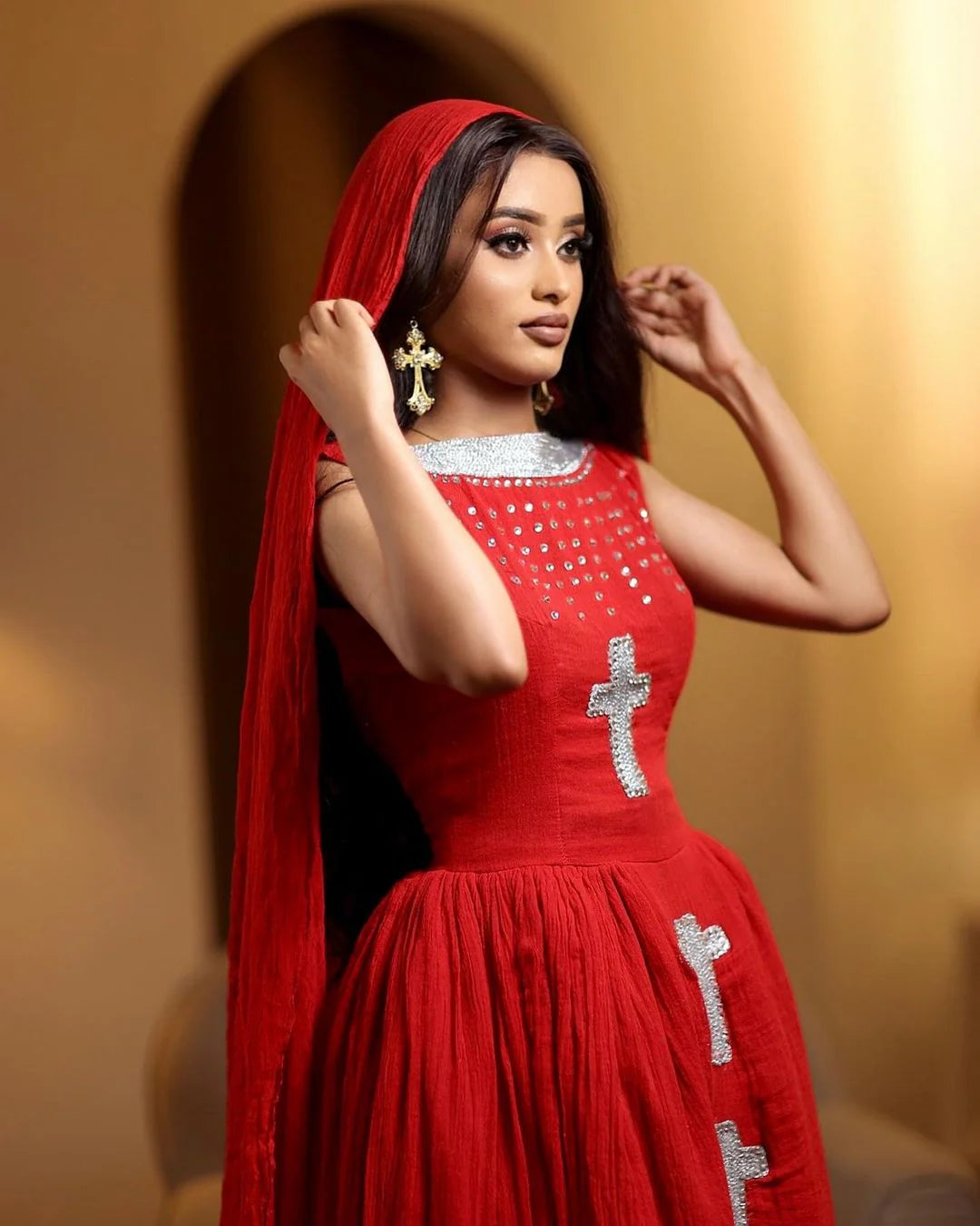 Shiny Red Modern Habesha Dress Silver Cross Beaded Traditional Attire