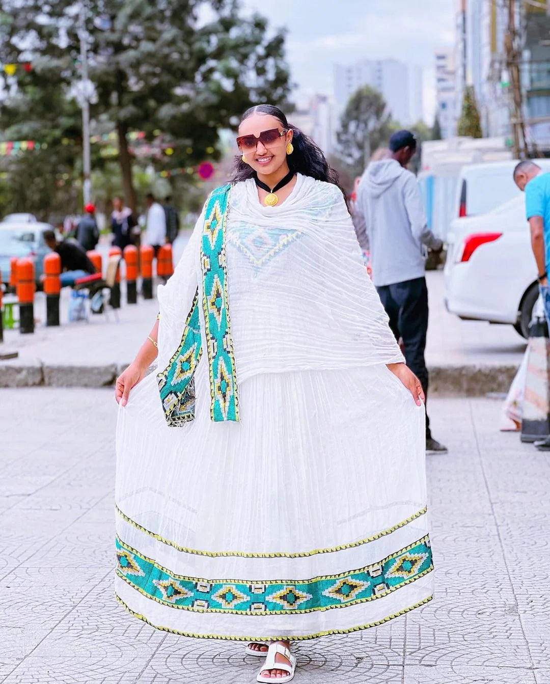 Regal Habesha Kemis Menen fabric, serene blue Graceful beauty