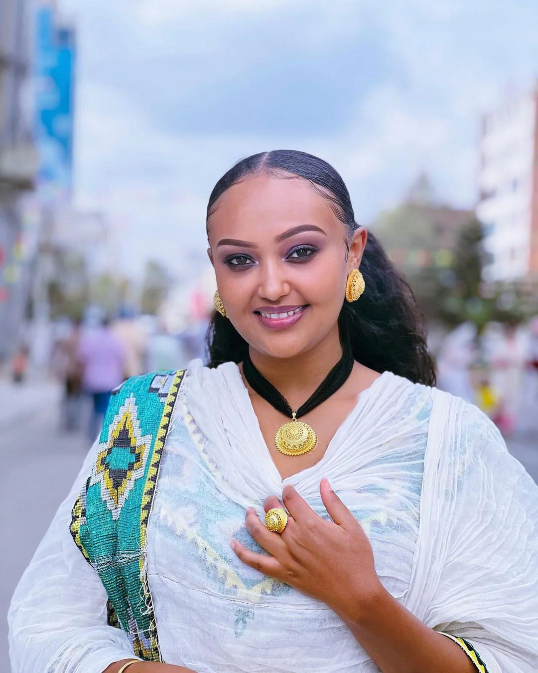 Regal Habesha Kemis Menen fabric, serene blue Graceful beauty