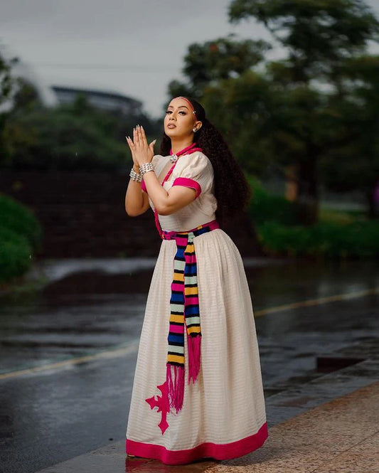 Traditional Habesha Kemis for Ashenda, Simple Pink Habesha Dress