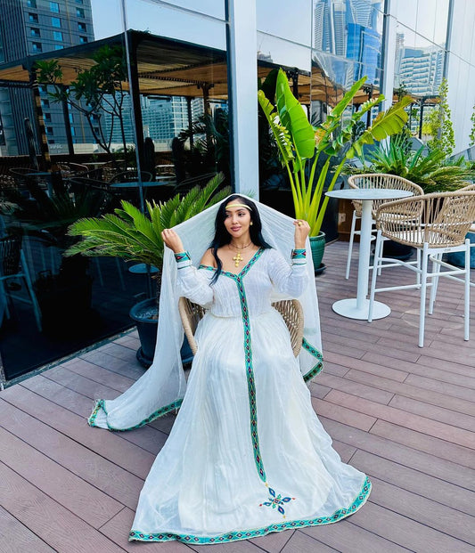 Graceful Light Blue Habesha Attire, Stunning Habesha Kemis