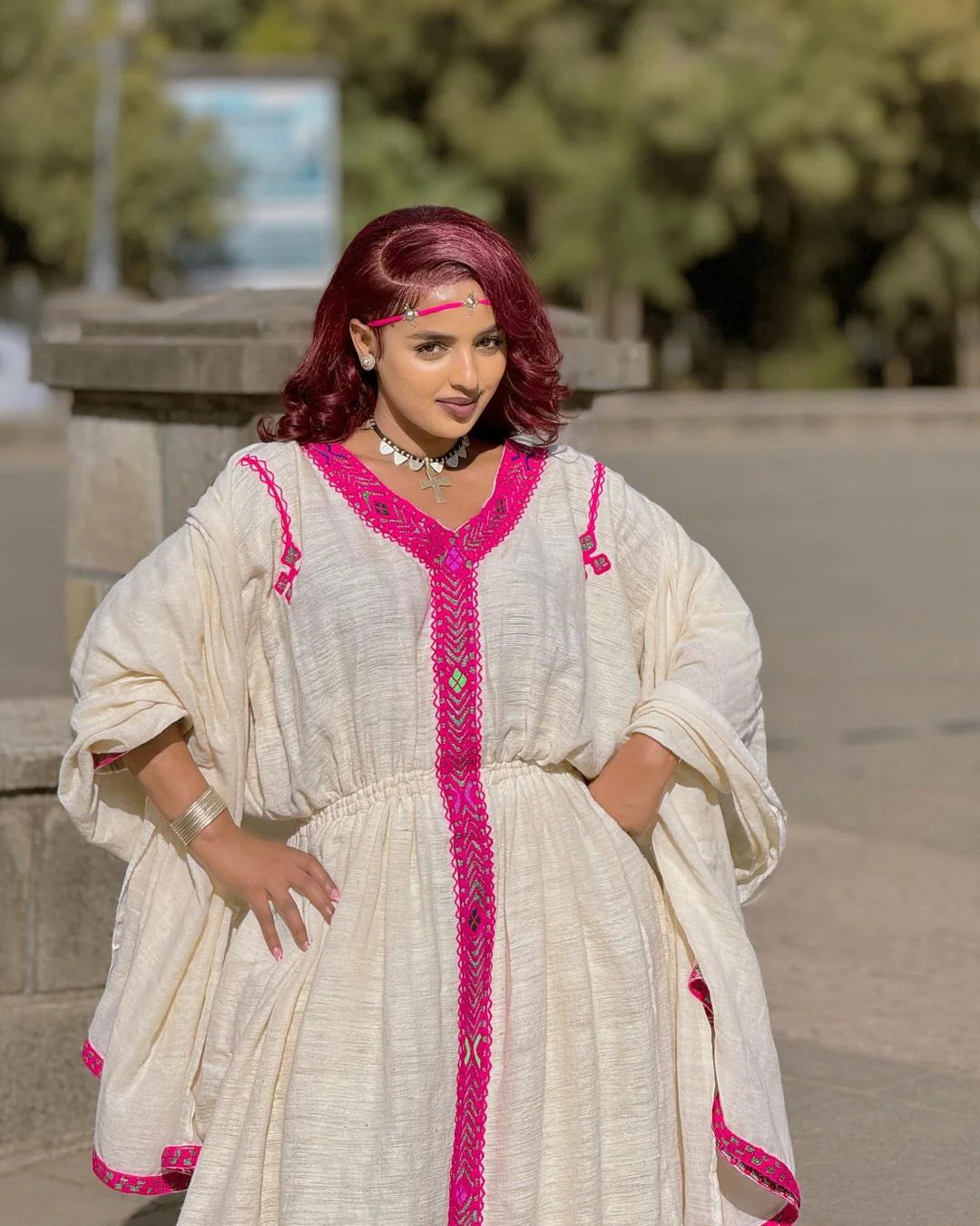 Contemporary Habesha Dress in Pink Fetil Fabric