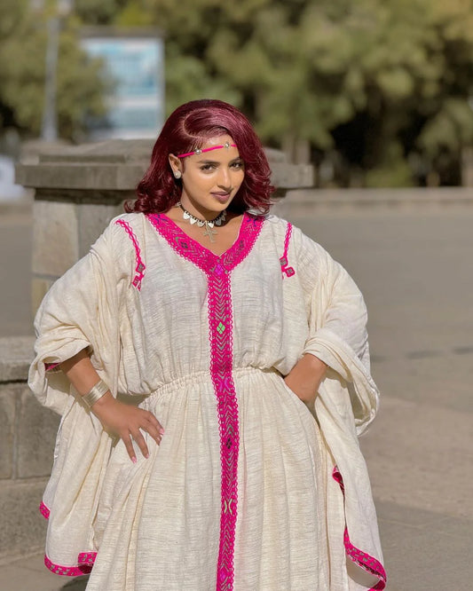 Contemporary Habesha Dress in Pink Fetil Fabric