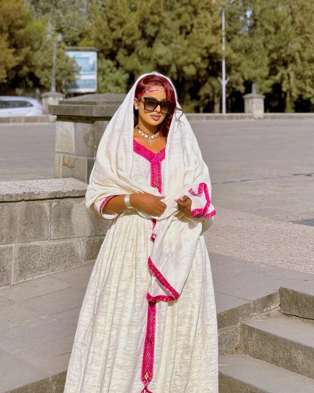 Contemporary Habesha Dress in Pink Fetil Fabric