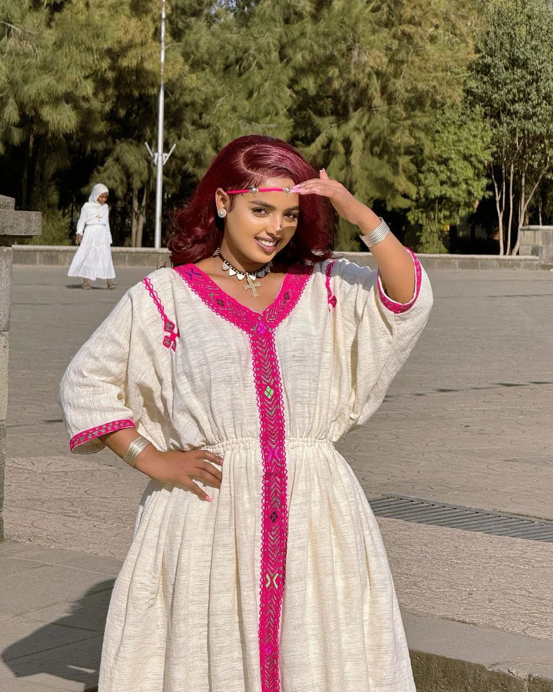 Contemporary Habesha Dress in Pink Fetil Fabric