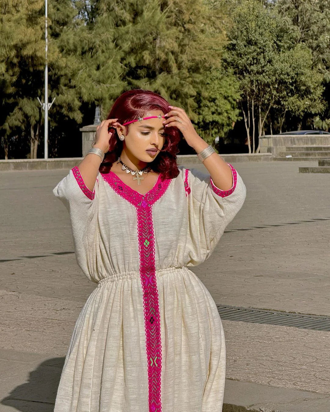 Contemporary Habesha Dress in Pink Fetil Fabric