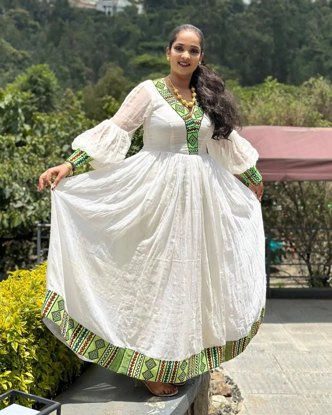 Green Stunning Pattern Tile Habesha Dress Simple Habesha Kemis Traditional Style