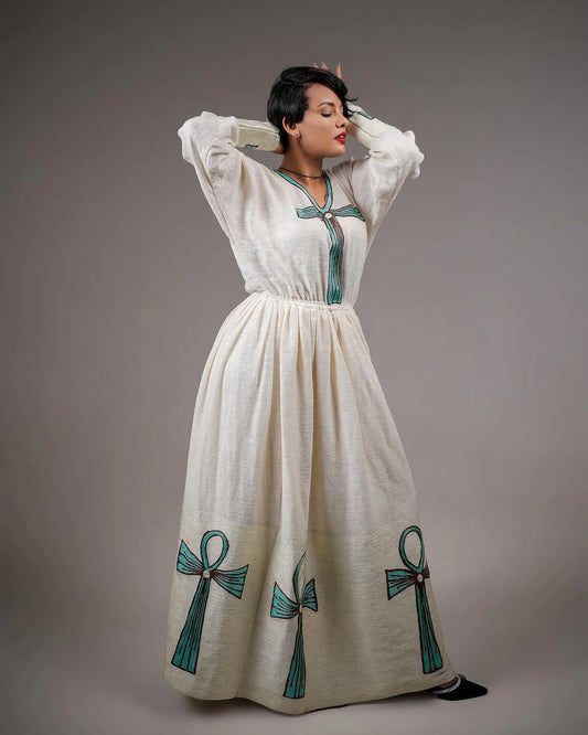 Blue Cross Design Fetil Habesha Dress Modern Habesha Kemis with Traditional Libs