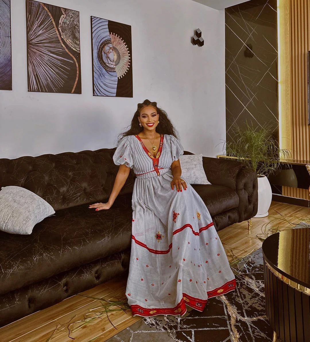 Handwoven cotton Habesha dress with a vibrant red design, Habesha Kemis