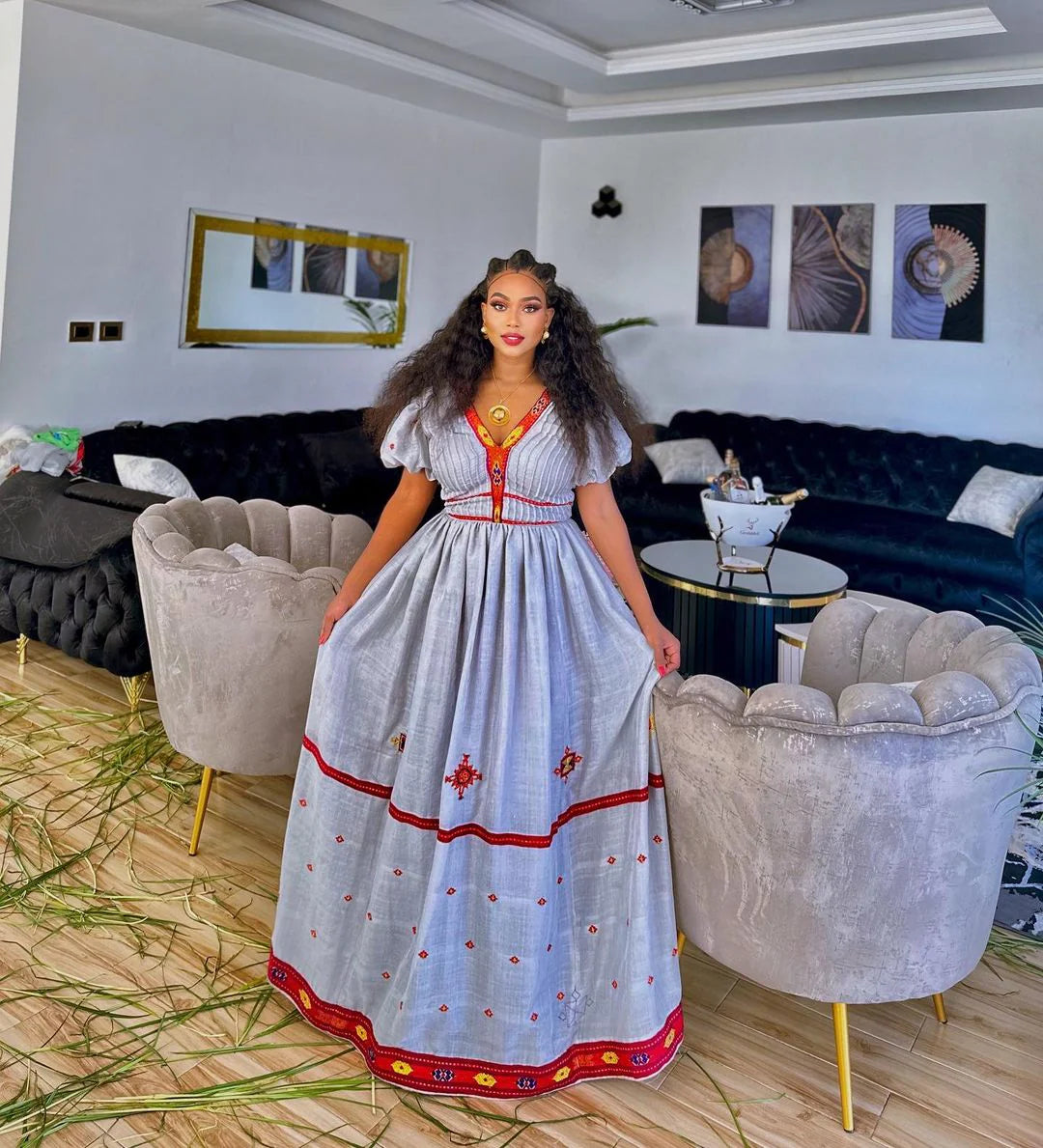 Handwoven cotton Habesha dress with a vibrant red design, Habesha Kemis