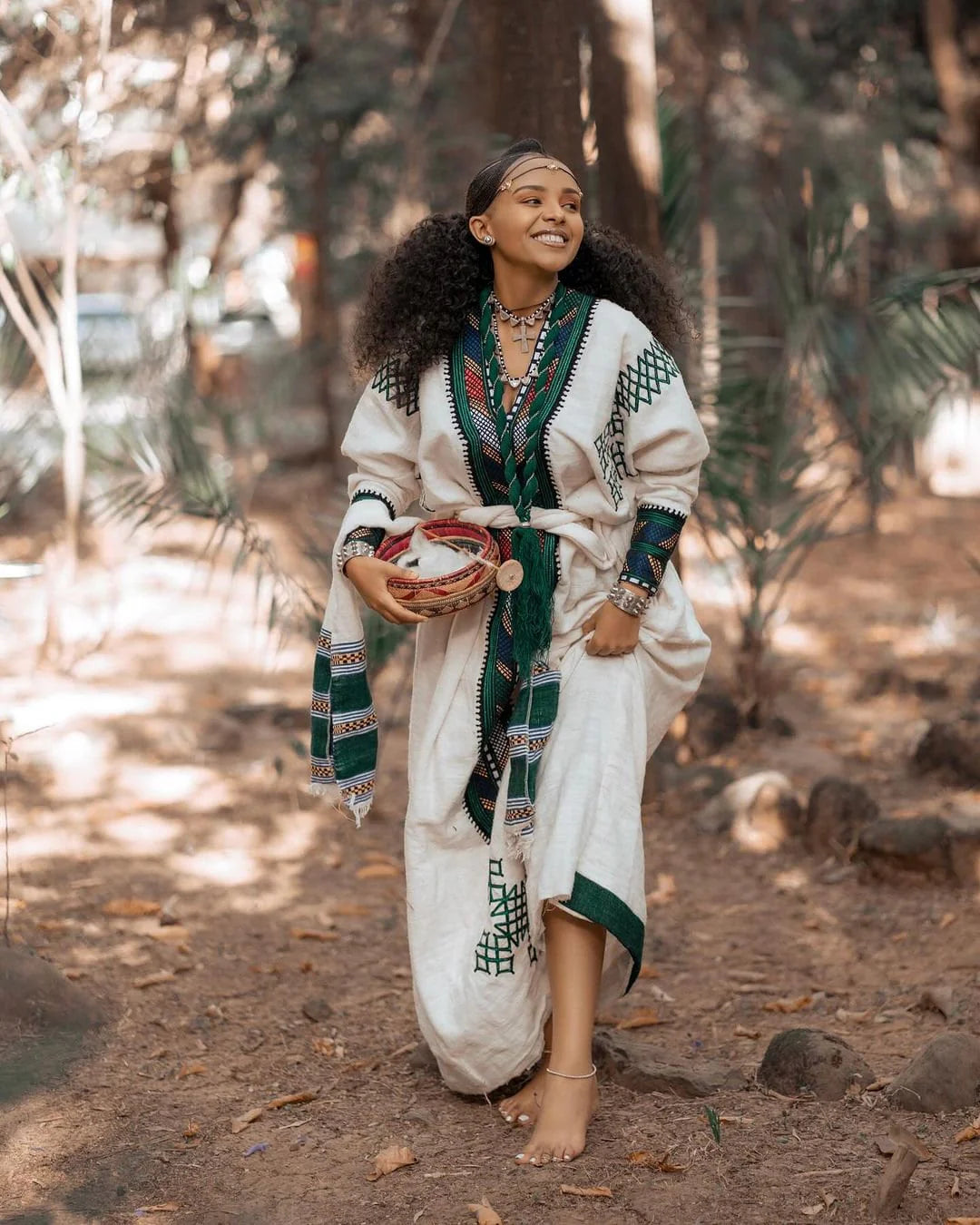 Elegant Dark Green Tilet Habesha Dress with Handwoven Details, Habesha Kemis