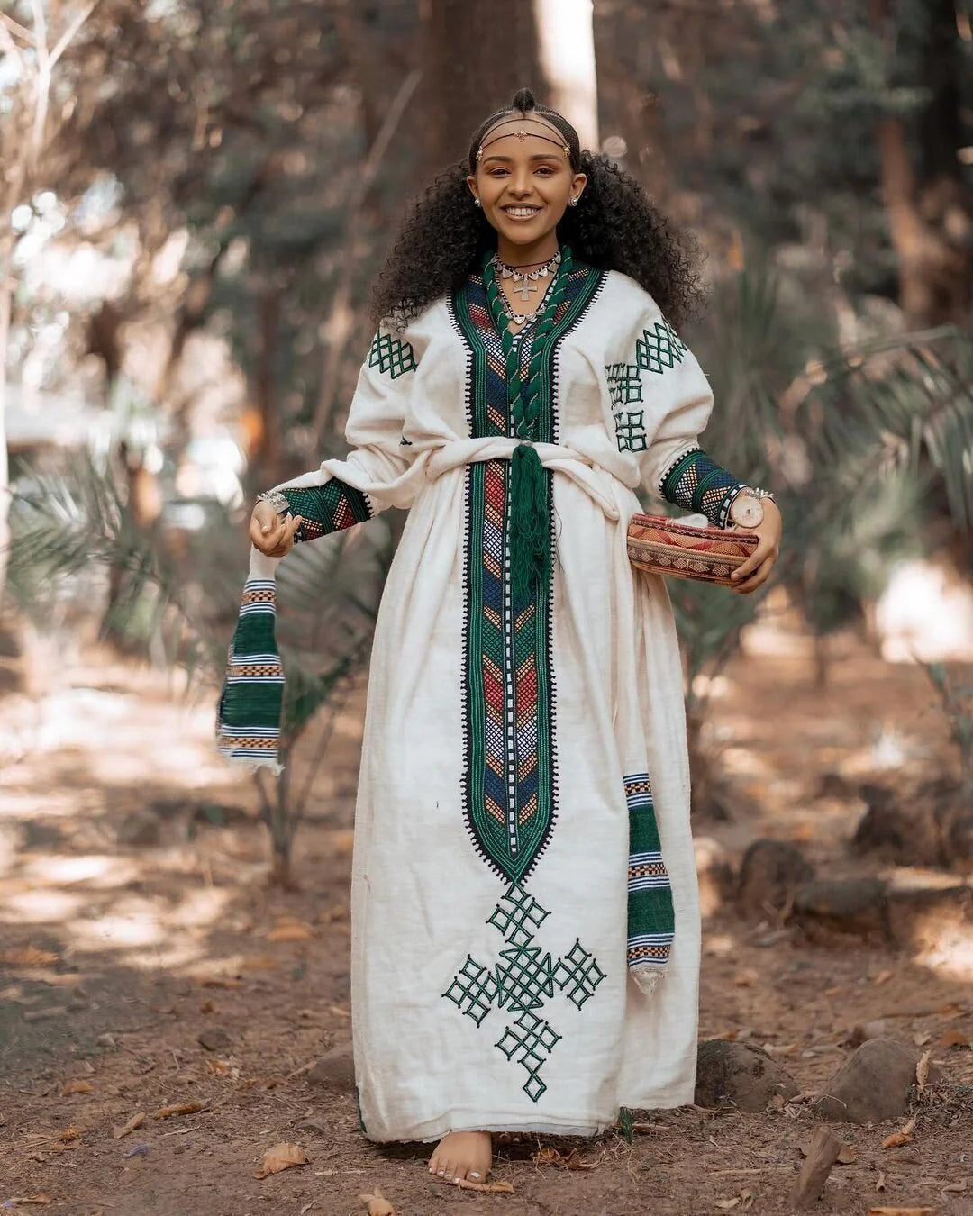 Elegant Dark Green Tilet Habesha Dress with Handwoven Details, Habesha Kemis