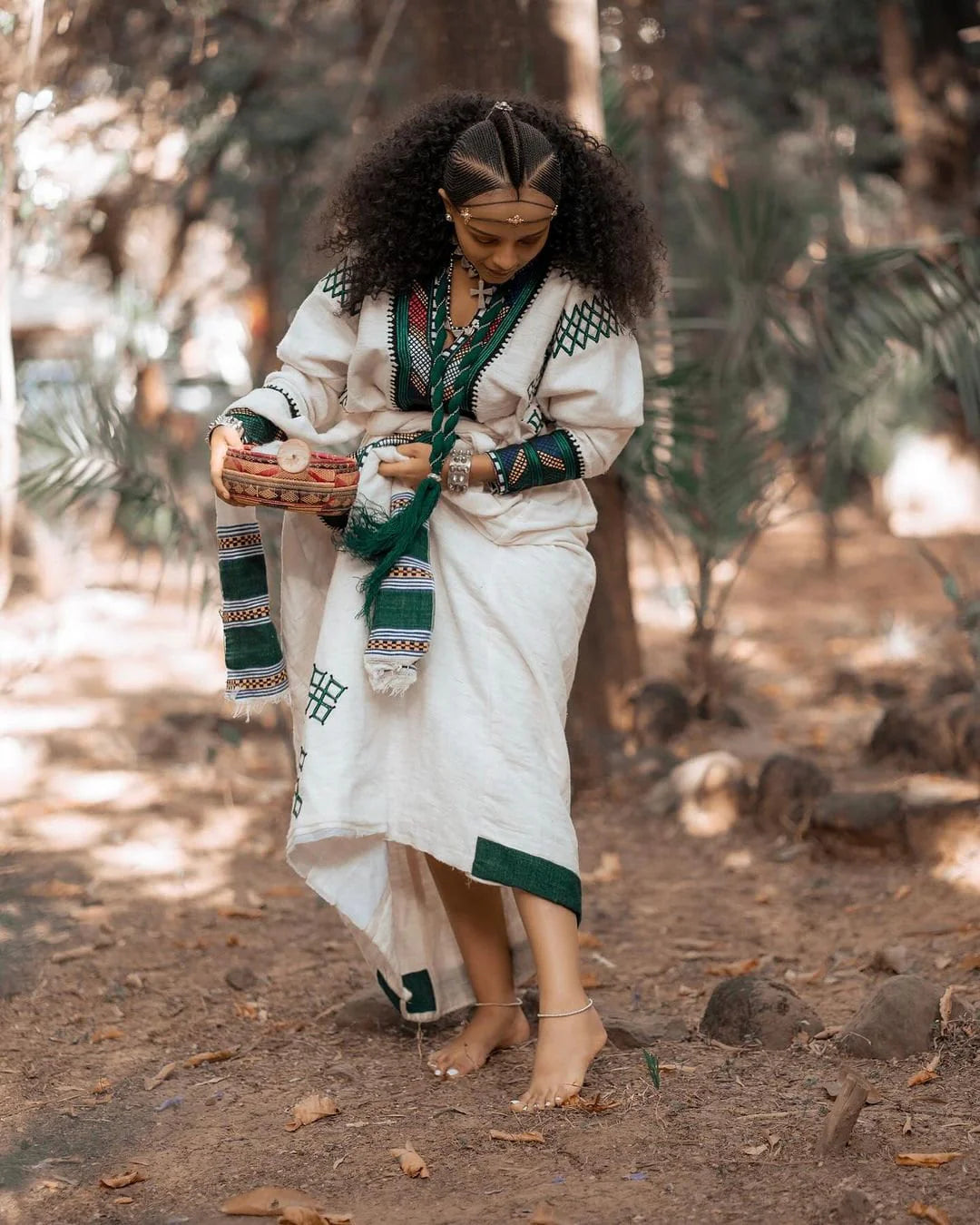Elegant Dark Green Tilet Habesha Dress with Handwoven Details, Habesha Kemis