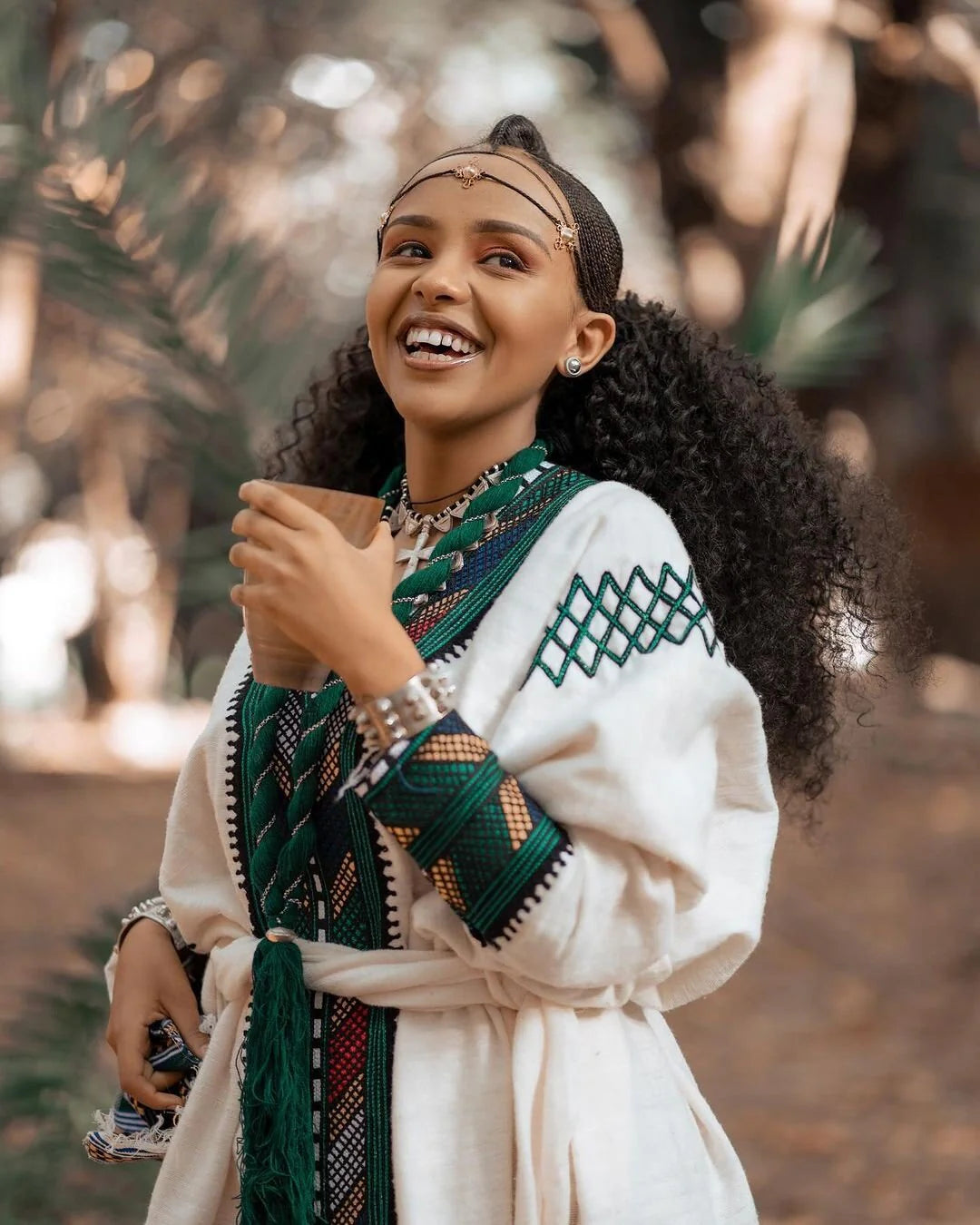 Elegant Dark Green Tilet Habesha Dress with Handwoven Details, Habesha Kemis