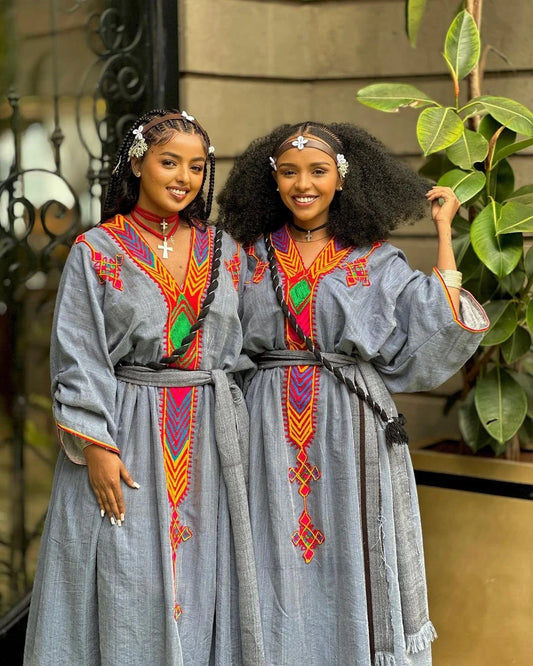 Blue Raya Dress, Cultural Habesha Attire, Handwoven Habesha Kemis, Modern Traditional Garment