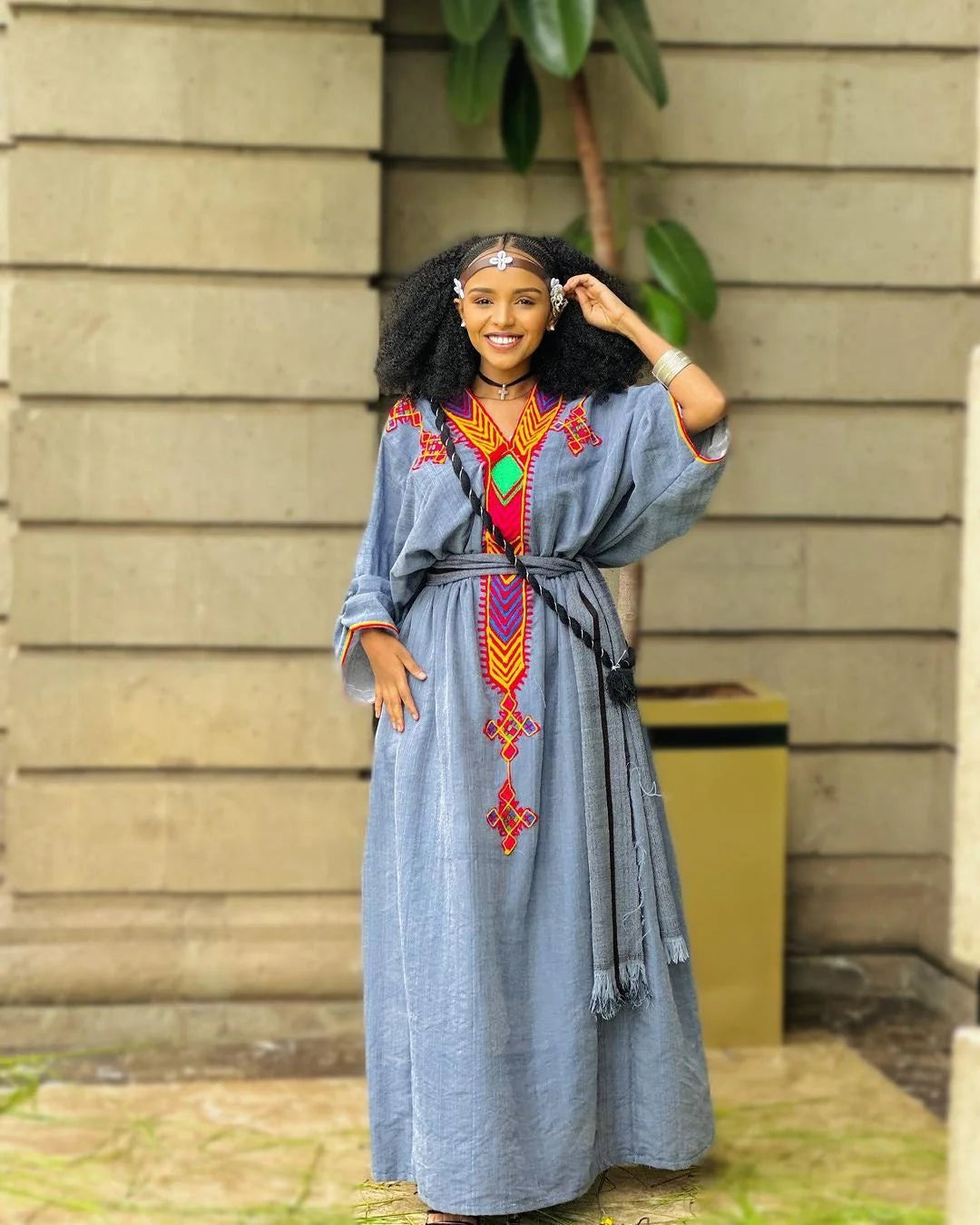Blue Raya Dress, Cultural Habesha Attire, Handwoven Habesha Kemis, Modern Traditional Garment
