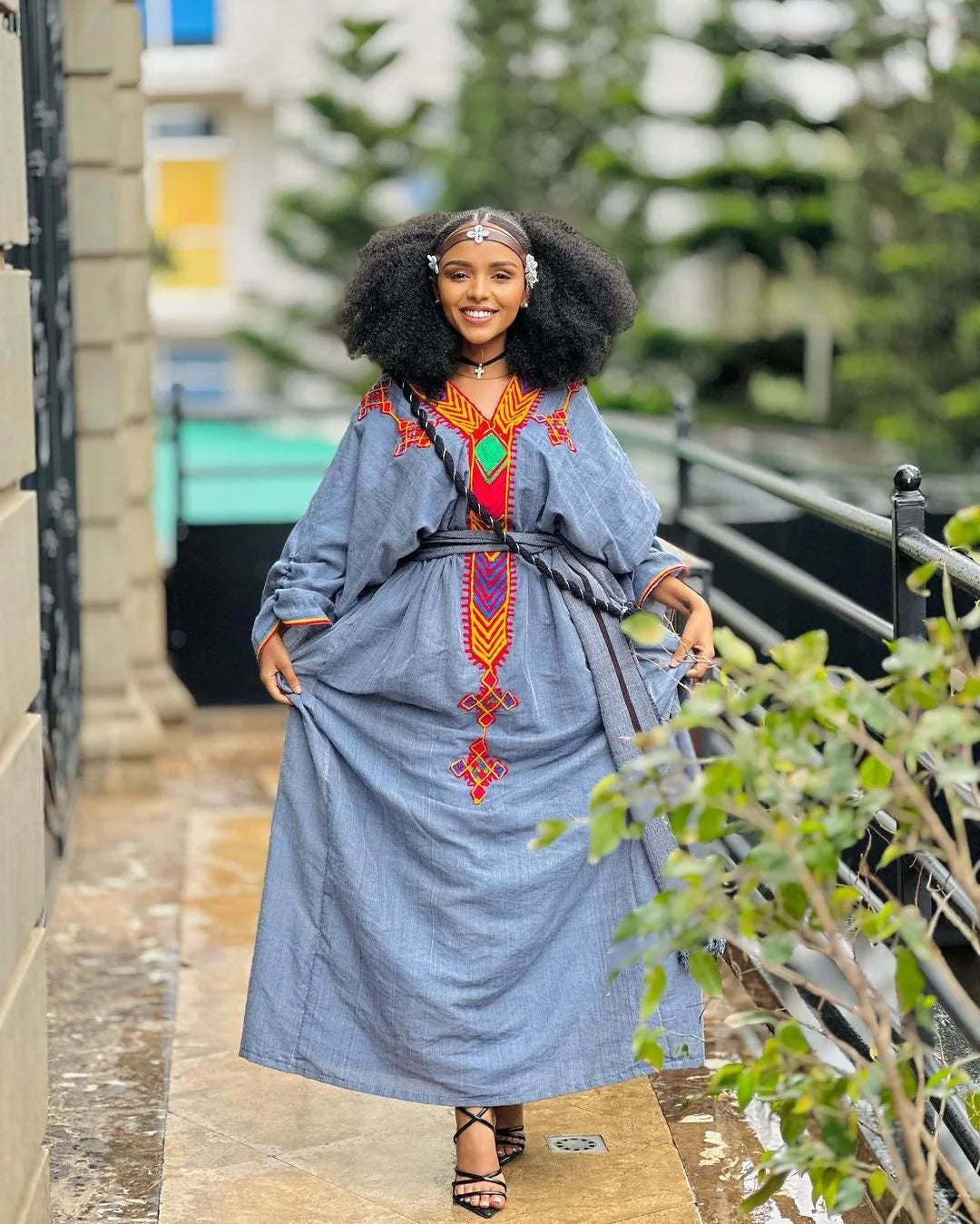 Blue Raya Dress, Cultural Habesha Attire, Handwoven Habesha Kemis, Modern Traditional Garment