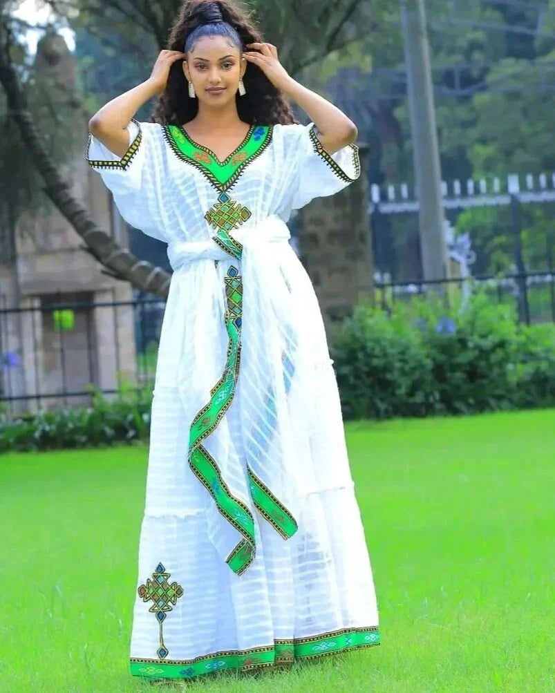 Simple handwoven Habesha Kemis, modern Habesha attire for the Habesha New Year