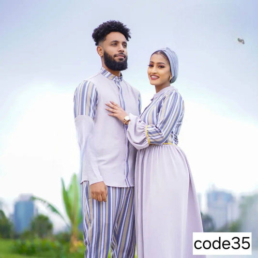 Elegant Pastel Striped Couple's Ensemble: A Perfect Blend of Modern Style and Timeless Charm