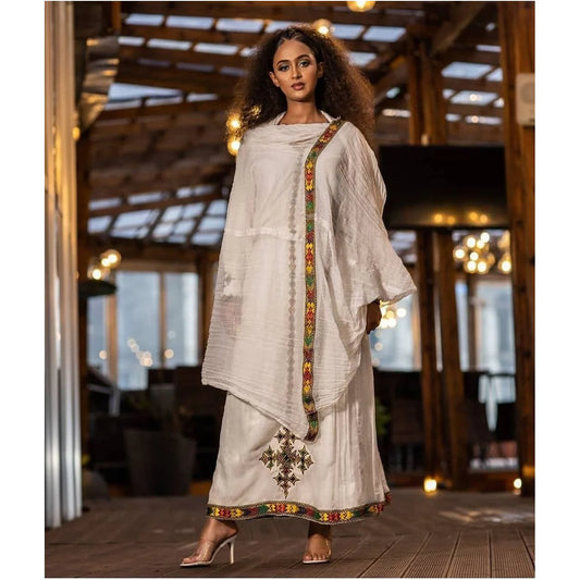 Vibrant Menen Luxury Habesha Dress with Tilf Embroidery, Habesha gown, Habesha attire