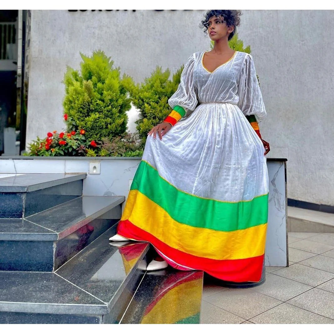 Whispers of Habesha Handwoven Shimena Dress with a Soft Flag Design